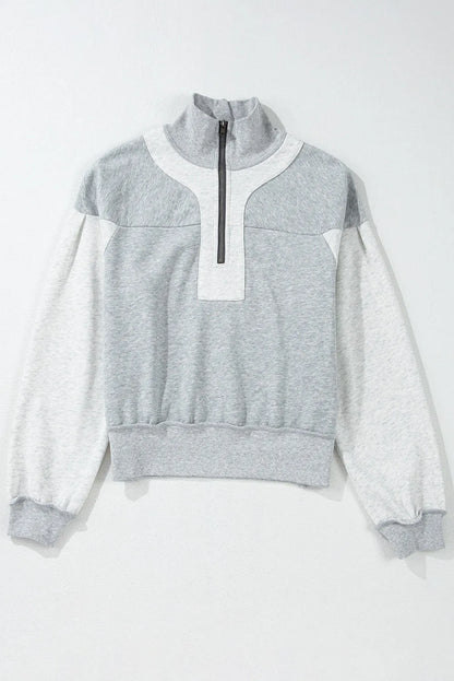 Gray Half Zipper Collared Drop Shoulder Side Slits Sweatshirt