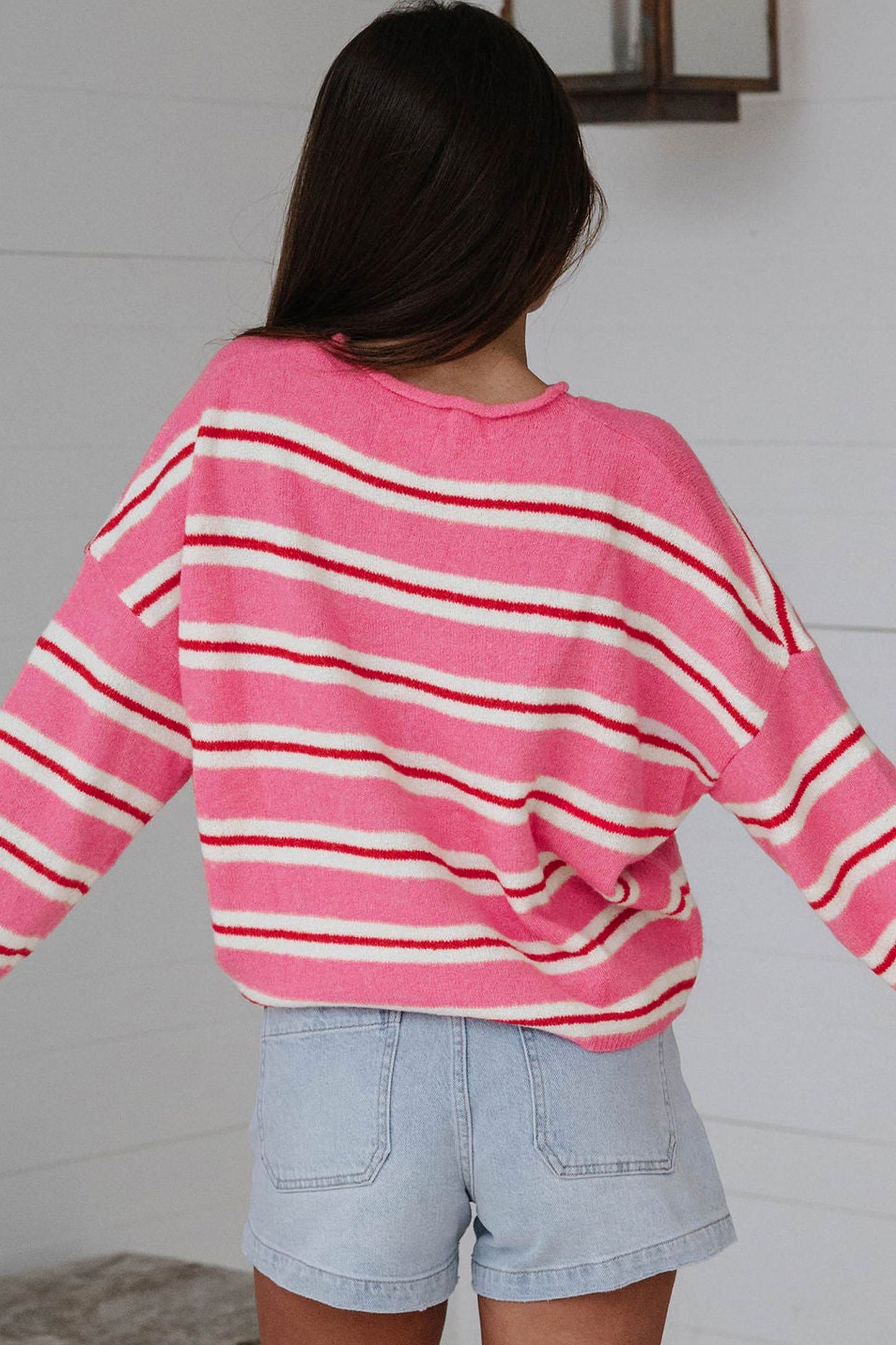 Pink Stripe Striped Drop Shoulder Button Cardigan