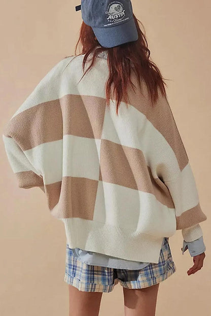 Sweaters & Cardigans/Sweaters Khaki Checkered Side Slits Drop Shoulder Oversized Sweater