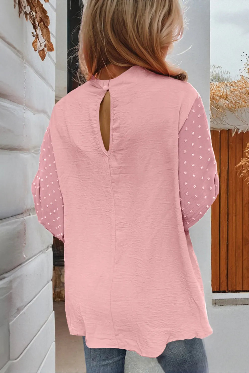 Gossamer Pink Swiss Dot Balloon Sleeve Loose Blouse - Chic Meadow Boutique 