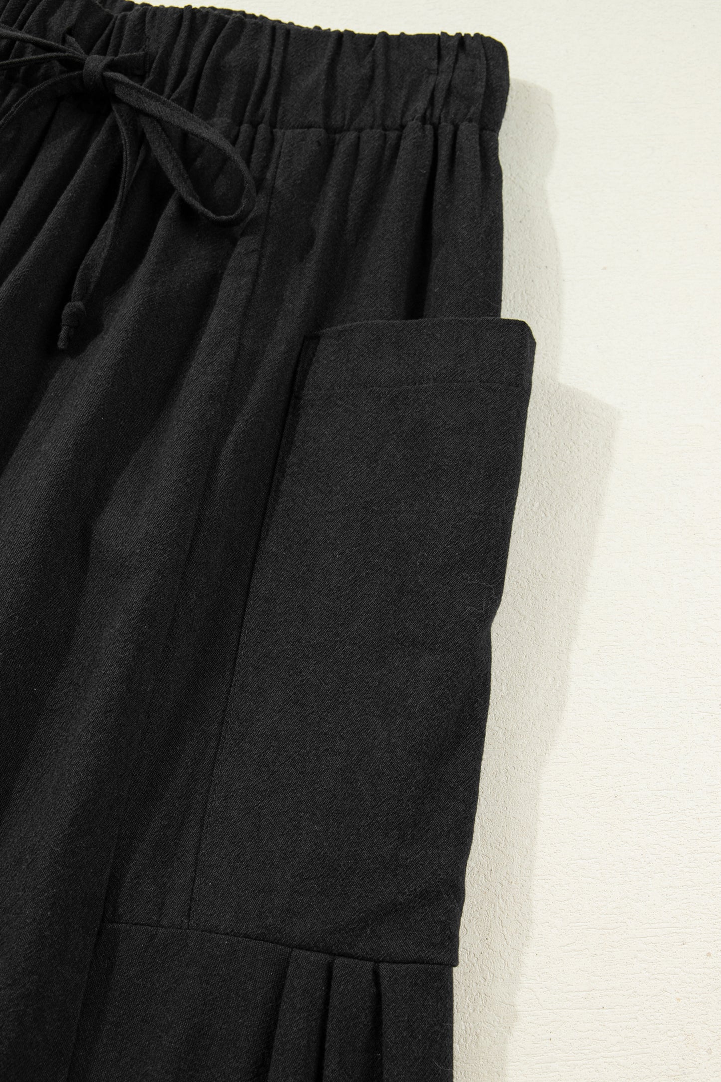 Black Drawstring Elastic Waist Patch Pocket Barrel Leg Casual Pants