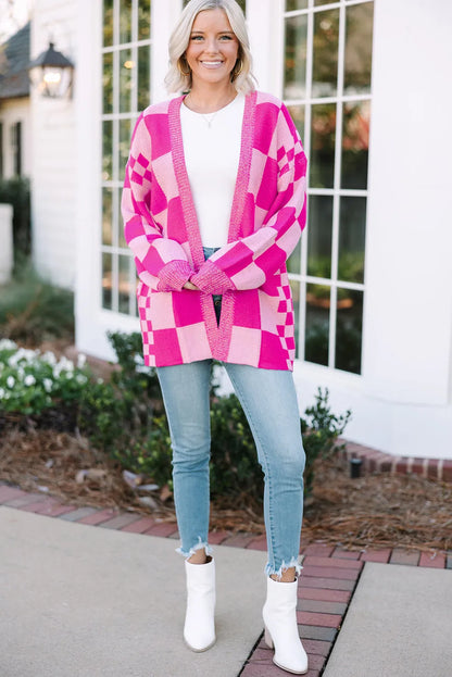 Rose Red Checkered Printed Ribbed Trim Open Front Cardigan - Chic Meadow Boutique 