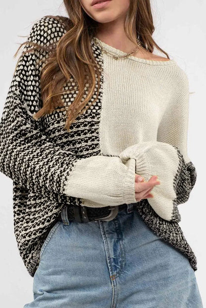 Black Neutral Colorblock Tie Back Sweater - Chic Meadow Boutique 