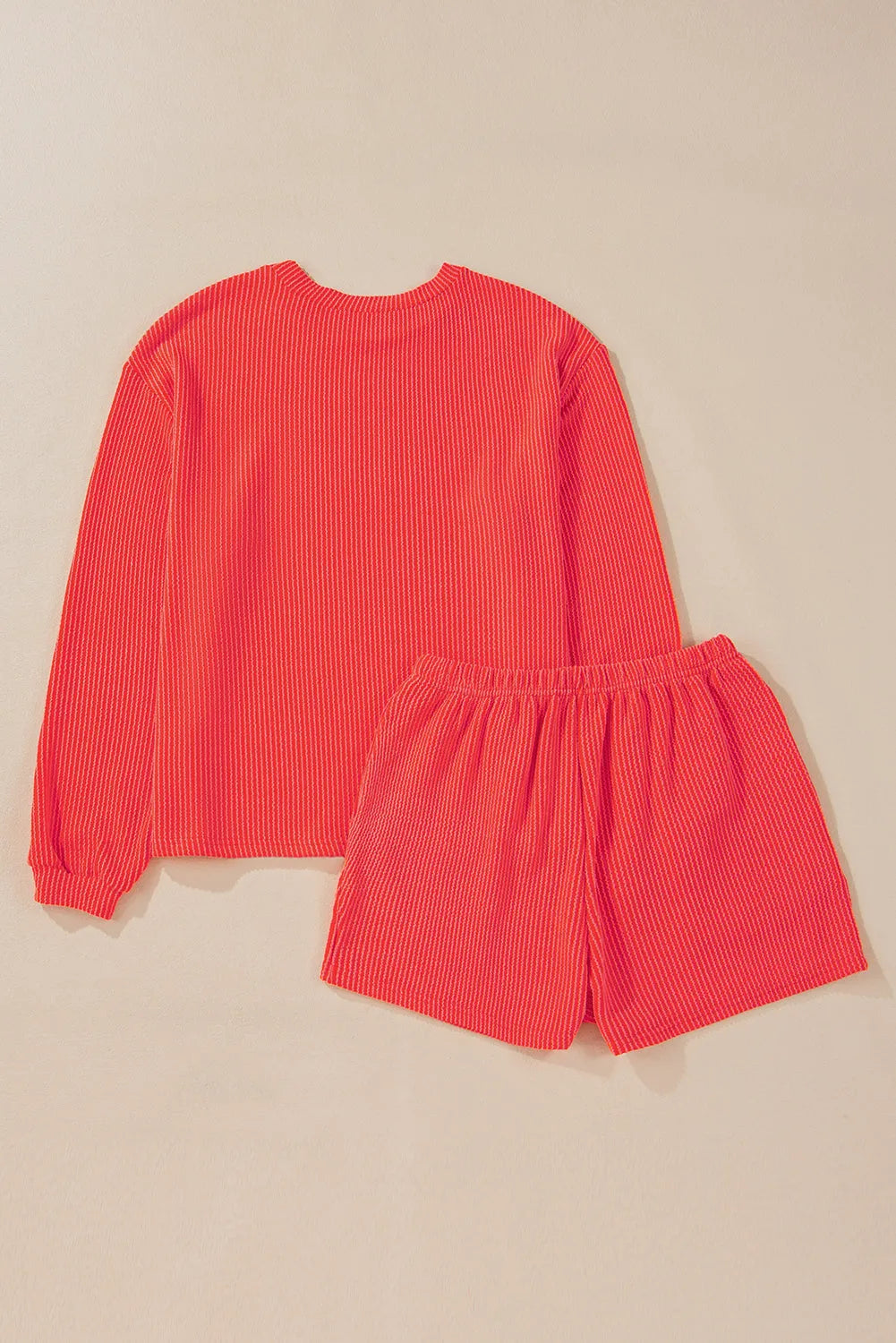 Casual Corded Knit Long Sleeve Top and High Waist Shorts Set - Chic Meadow Boutique 