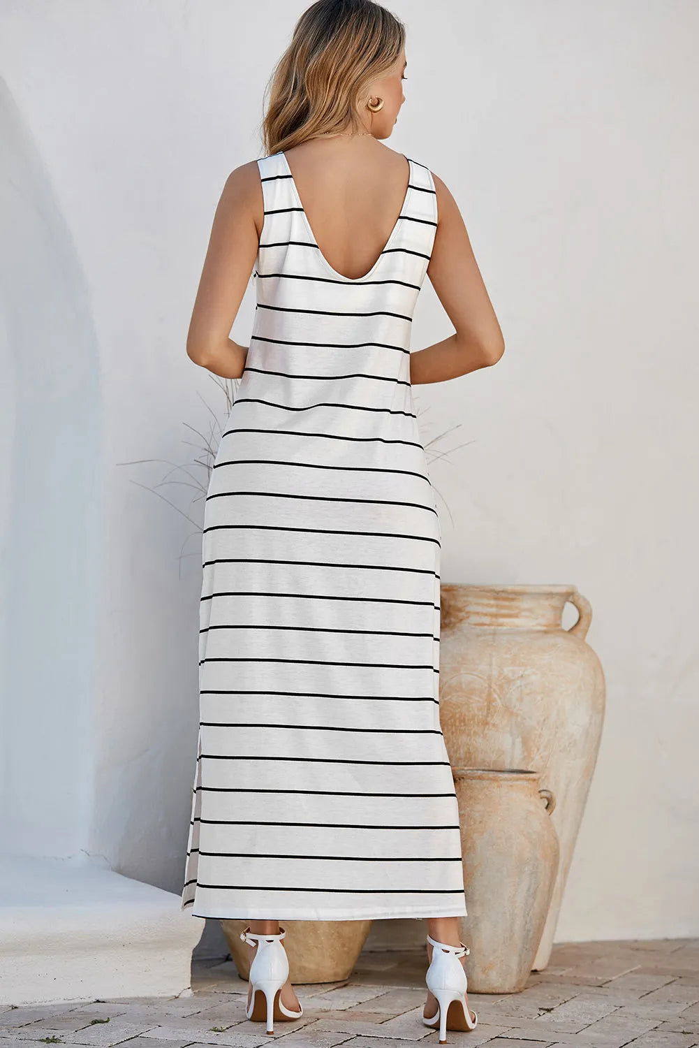 White Stripe Print Open Back Sleeveless Maxi Dress with Slits - Chic Meadow Boutique 