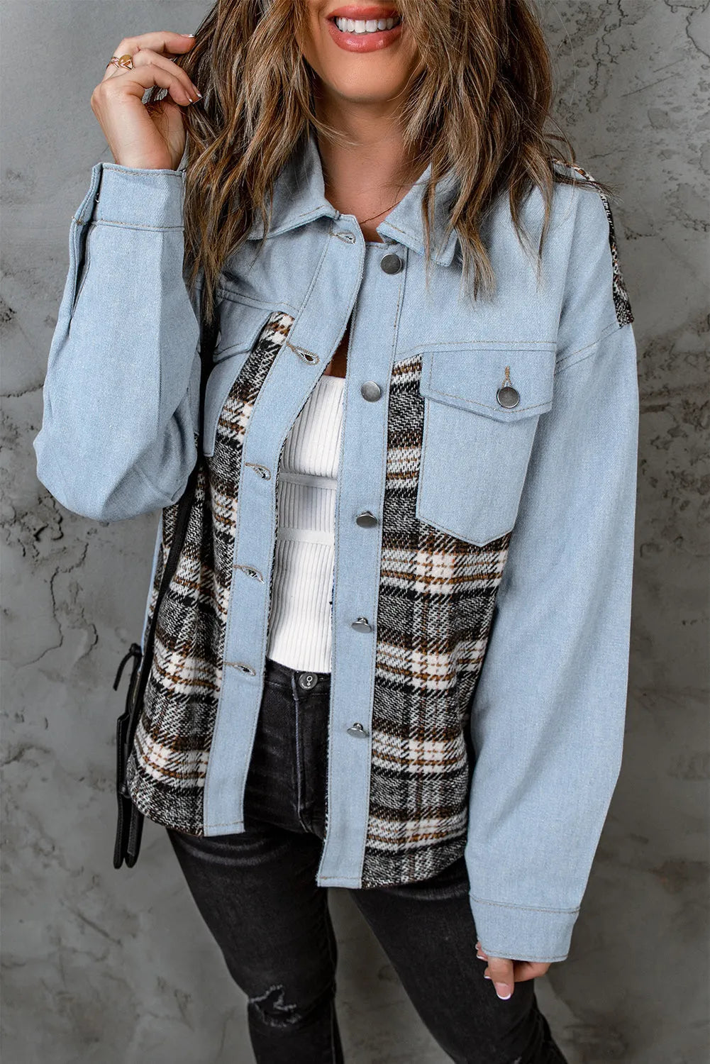 Sky Blue Plaid Patchwork Raw Hem Denim Jacket - Chic Meadow Boutique 