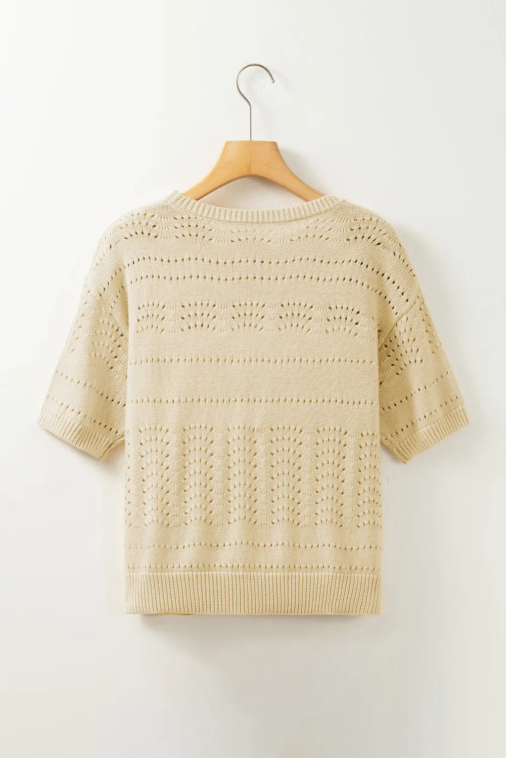 Beige Knitted Hollow out Short Sleeve Crop Sweater - Chic Meadow Boutique 