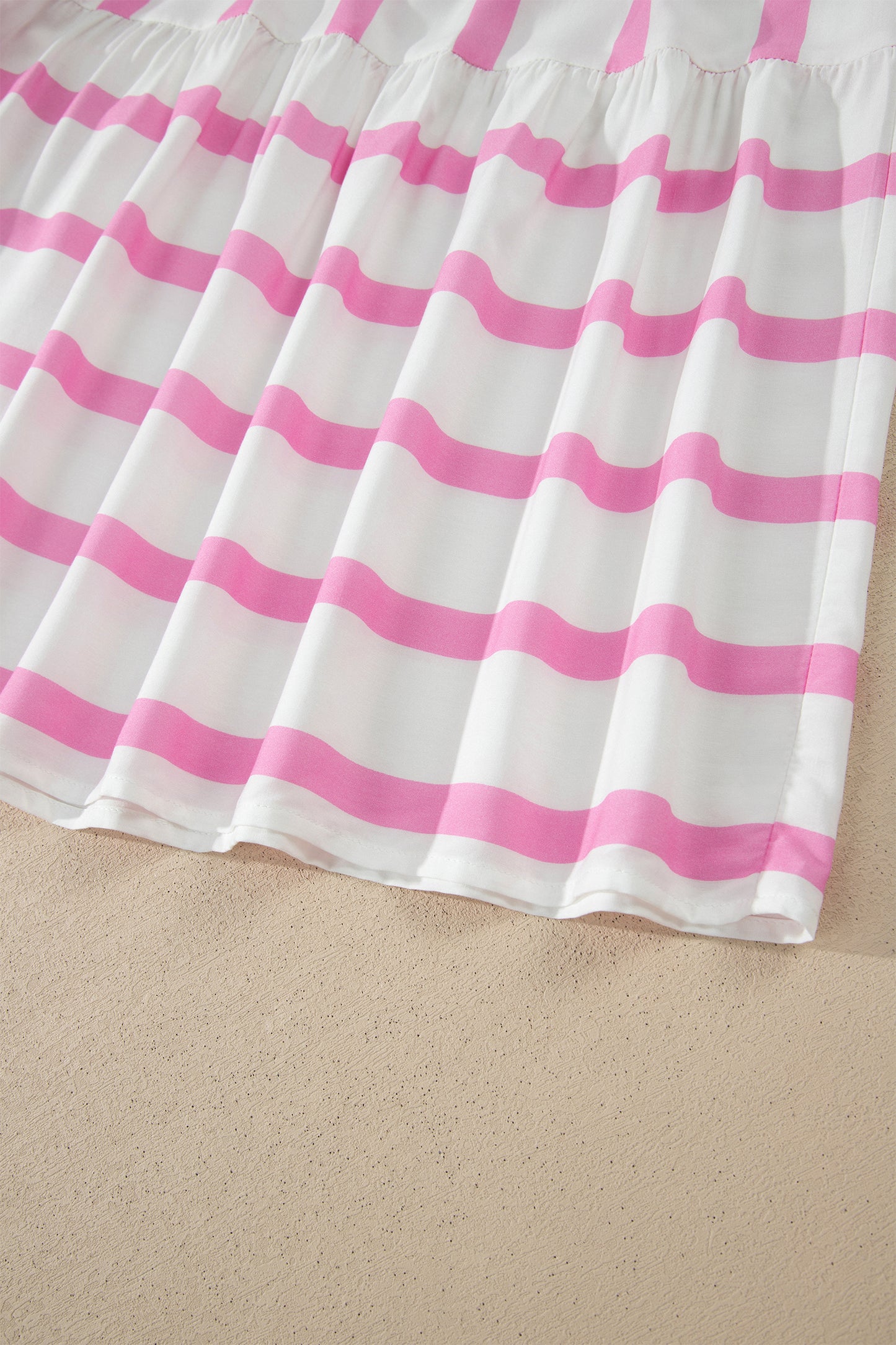 Pink Stripe Ricrac Trim Notched Neck Half Sleeve Vacation Dress