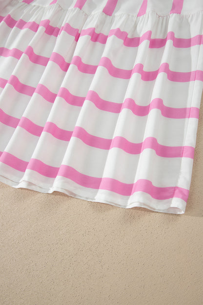Pink Stripe Ricrac Trim Notched Neck Half Sleeve Vacation Dress