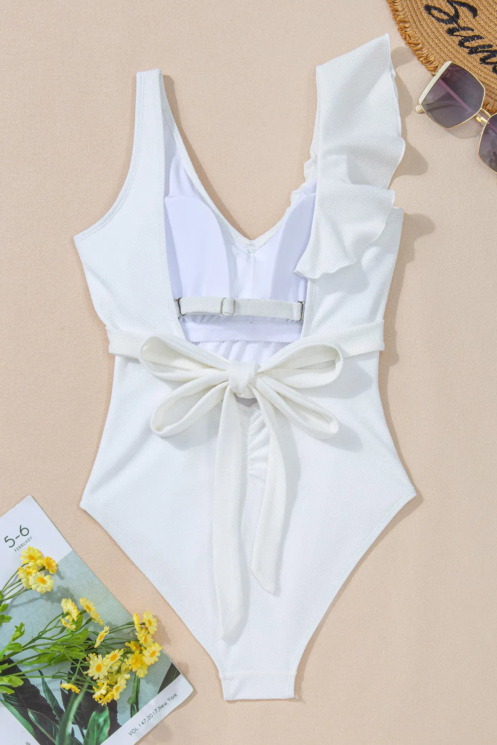 White Asymmetric Ruffle Trim Tie Waist One Piece Swimsuit - Chic Meadow Boutique 