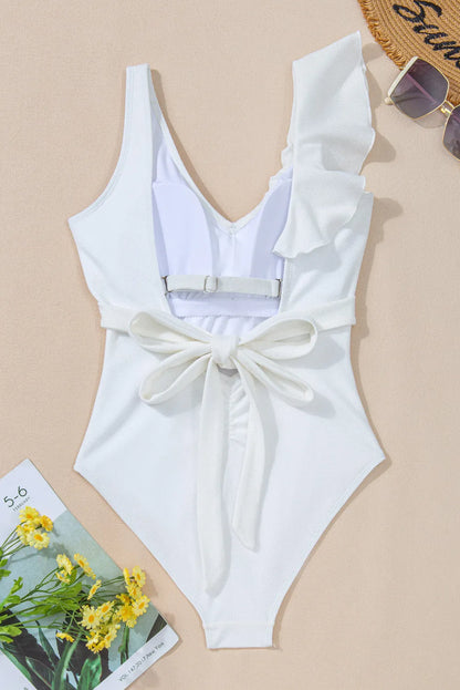 White Asymmetric Ruffle Trim Tie Waist One Piece Swimsuit - Chic Meadow Boutique 