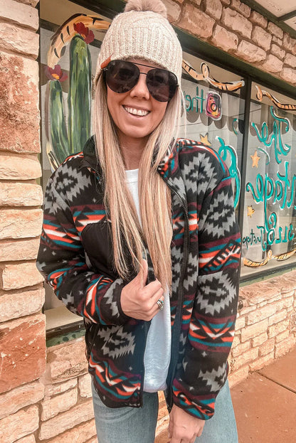 Black Aztec Printed Zip Up Collar Jacket - Chic Meadow Boutique 