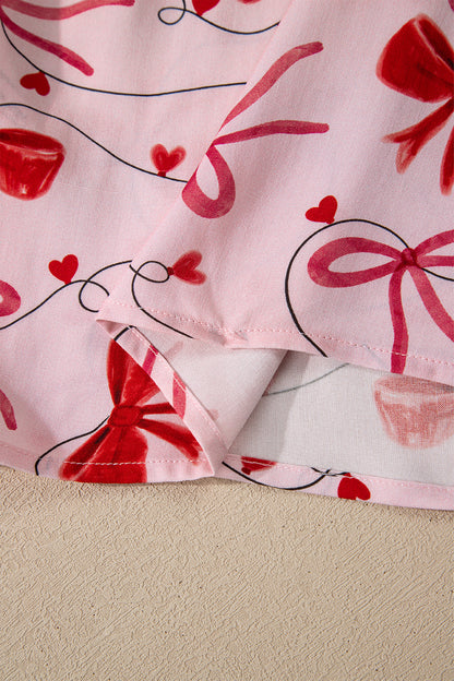 Red Bow Print Valentine Long Sleeve Shirt Shorts 2 Pcs Pajama Set