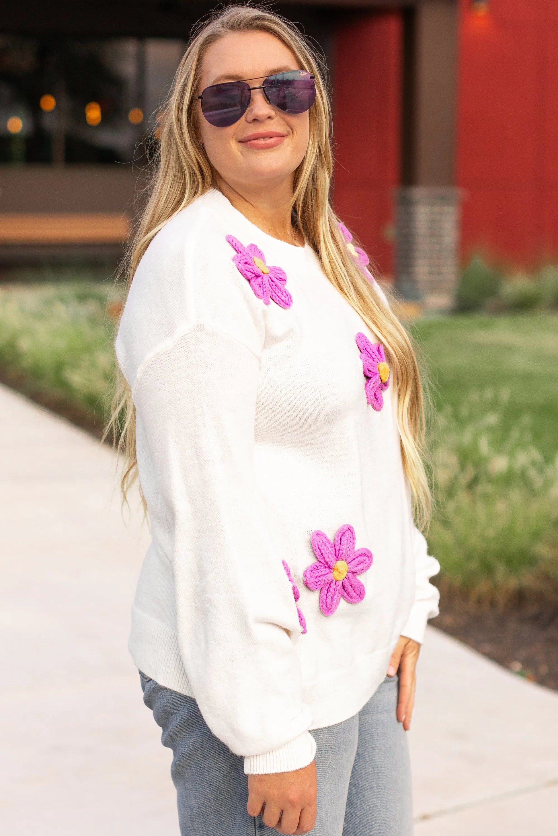 White Plus Size Flower Crochet Drop Shoulder Knit Sweater - Chic Meadow Boutique 