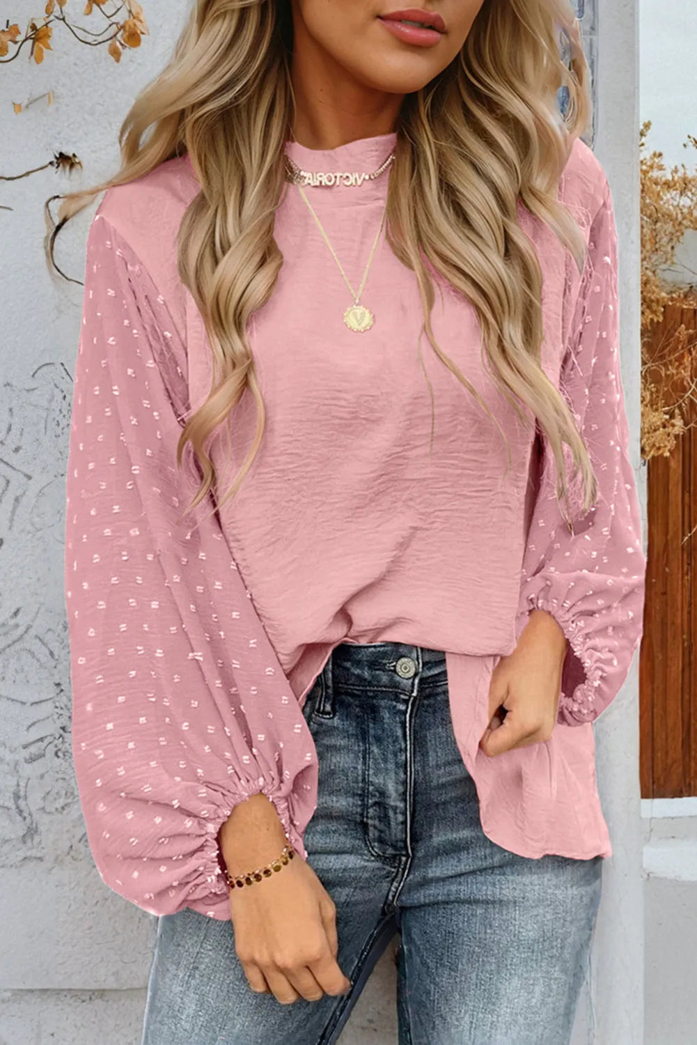 Gossamer Pink Swiss Dot Balloon Sleeve Loose Blouse - Chic Meadow Boutique 