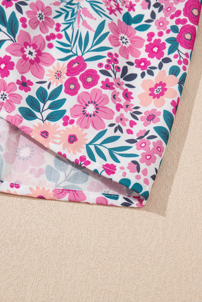 Pink Floral Collared Half Placket Short Sleeve Loose Dress