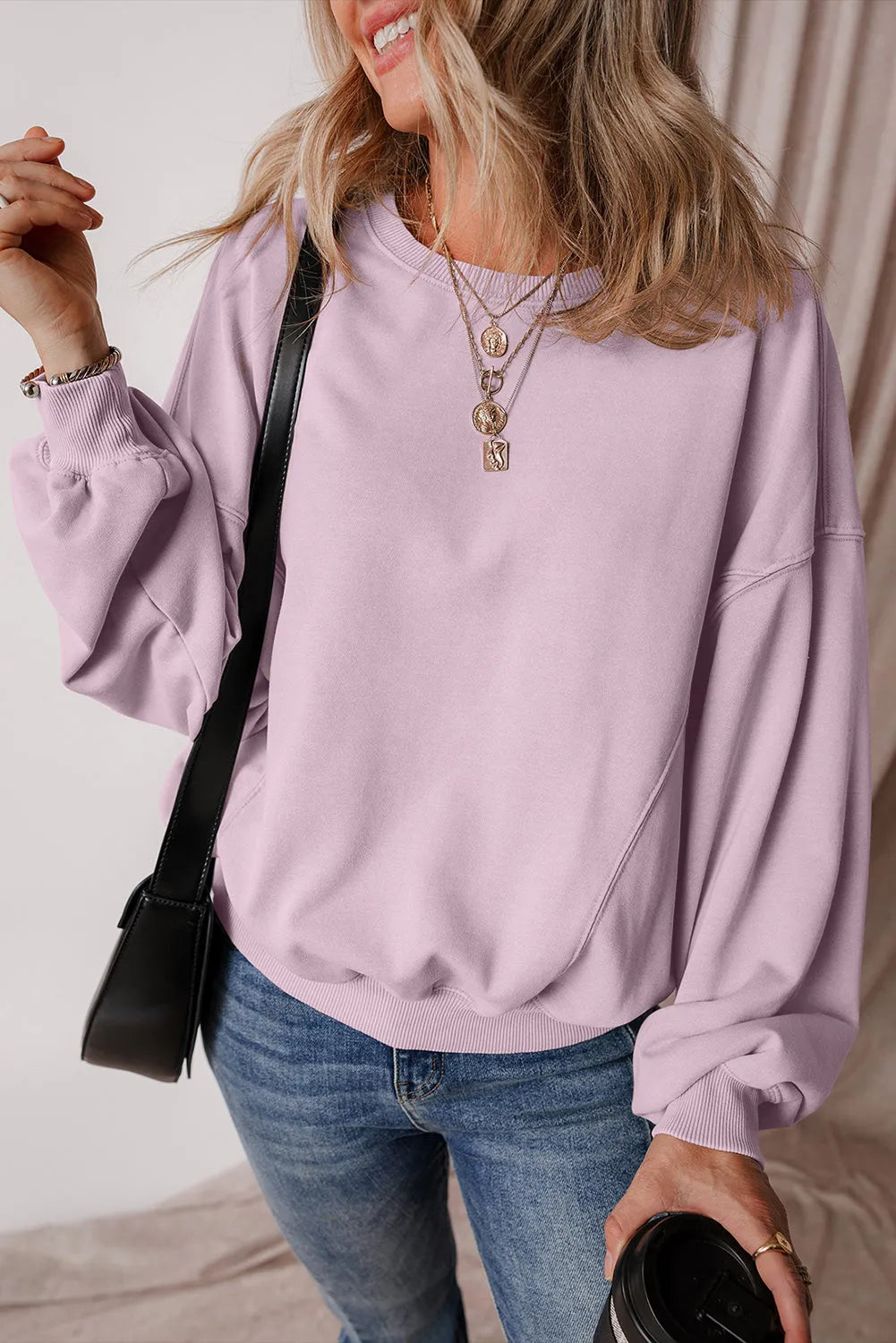 Orchid Petal Exposed Seam Batwing Sleeve Drop Shoulder Sweatshirt - Chic Meadow Boutique 