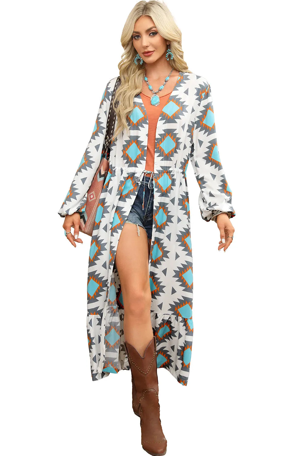 White Western Aztec Print Duster Open Front Top - Chic Meadow Boutique 