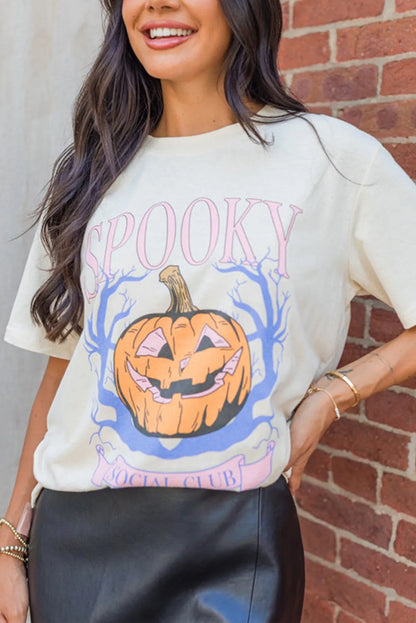 Graphic/Graphic Tees White / S / 62%Polyester+32%Cotton+6%Elastane White SPOOKY Pumpkin Print Round Neck Halloween T Shirt