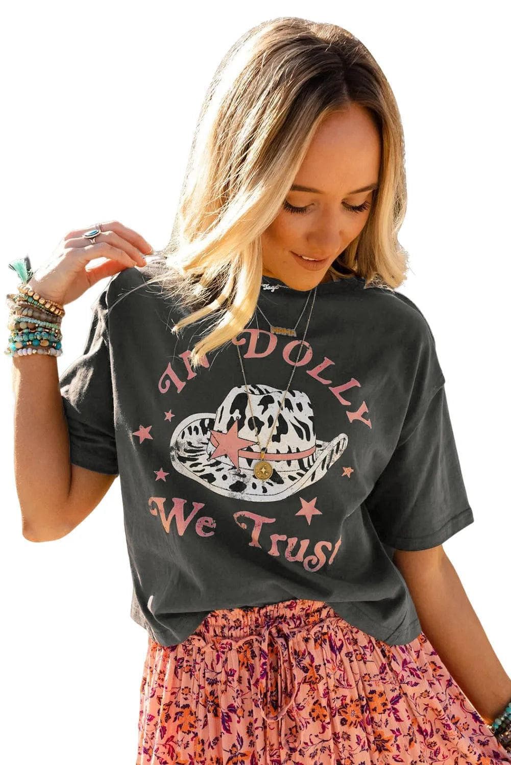 Tops/Tops & Tees Gray WE TRUST IN DOLLY Western Fashion Graphic Tee