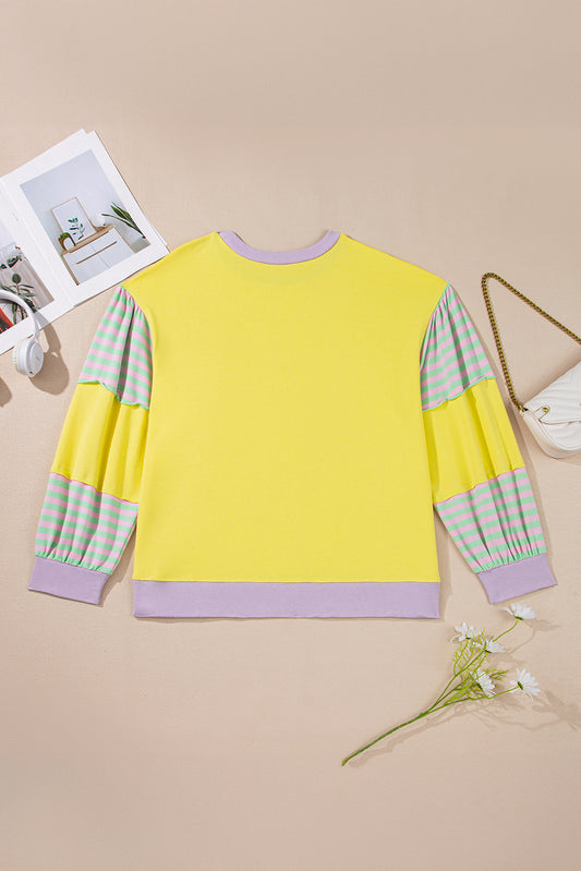 Yellow Striped Color Block Patchwork Crewneck Plus Size Pullover Sweatshirt