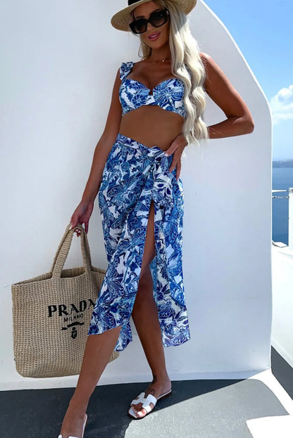 White 3pcs Flower Print Ruffled Bikini with Cover up - Chic Meadow Boutique 