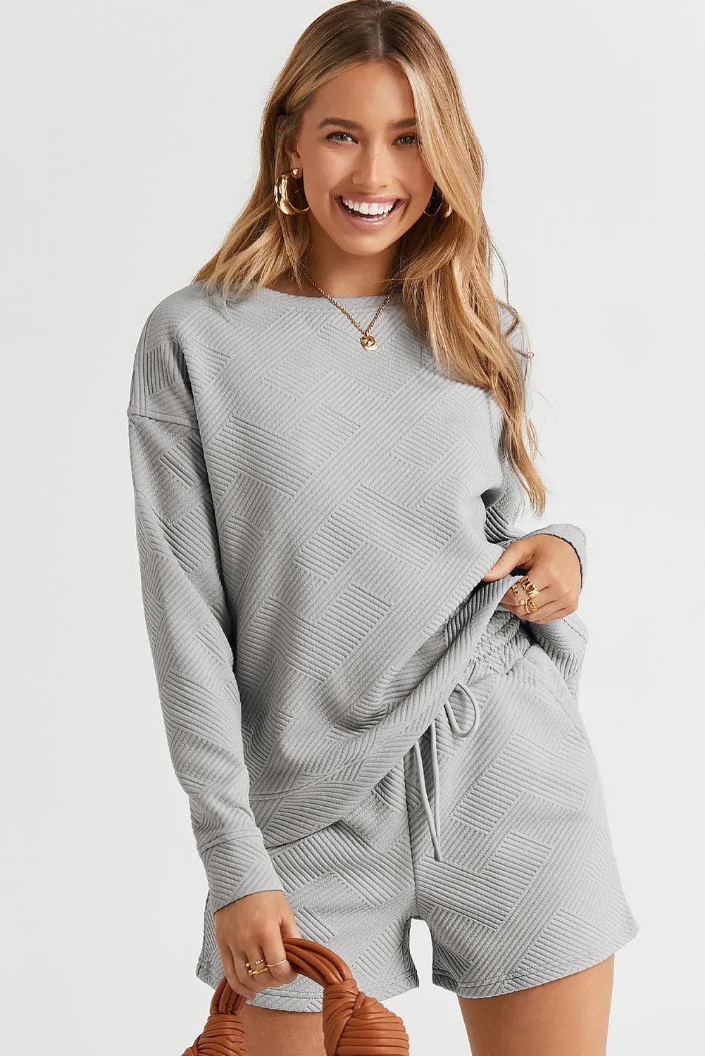 Two Piece Sets/Short Sets Gray Textured Long Sleeve Top and Drawstring Shorts Set