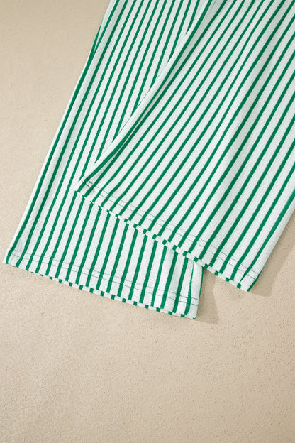 Green Stripe Crew Neck Tee Drawstring Waist Cropped Pants Set