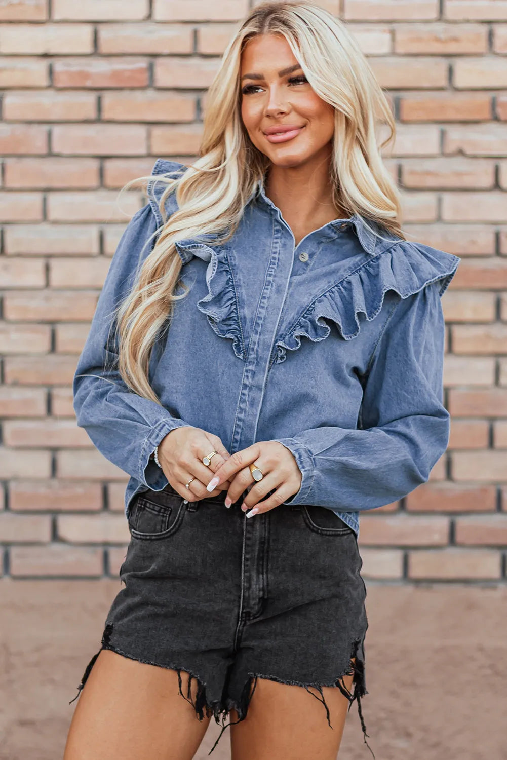 Dusk Blue Denim Ruffled Casual Top - Chic Meadow Boutique 