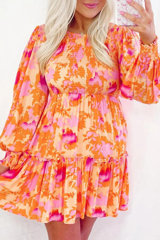 Dresses/Mini Dresses Orange / S / 100%Polyester Orange Abstract Print Smocked Lantern Sleeve Ruffle Mini Dress