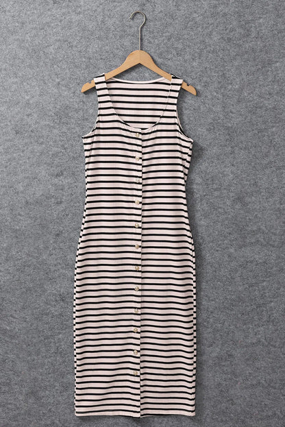 White Striped Print Sleeveless Buttoned Maxi Dress - Chic Meadow Boutique 