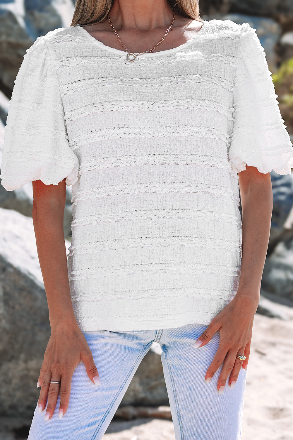 White Frilled Lace Trim Bubble Sleeve Blouse