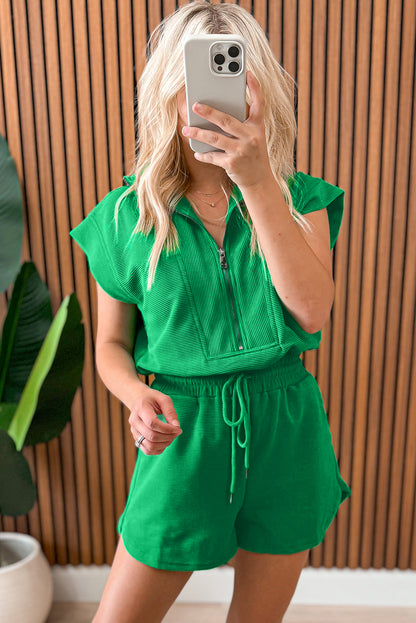 Bright Green Textured Short Sleeve Half Zip Drawstring Waist Romper