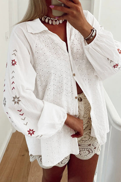 White Floral Embroidered Puff Sleeve Eyelet Patchwork Shirt - Chic Meadow Boutique 