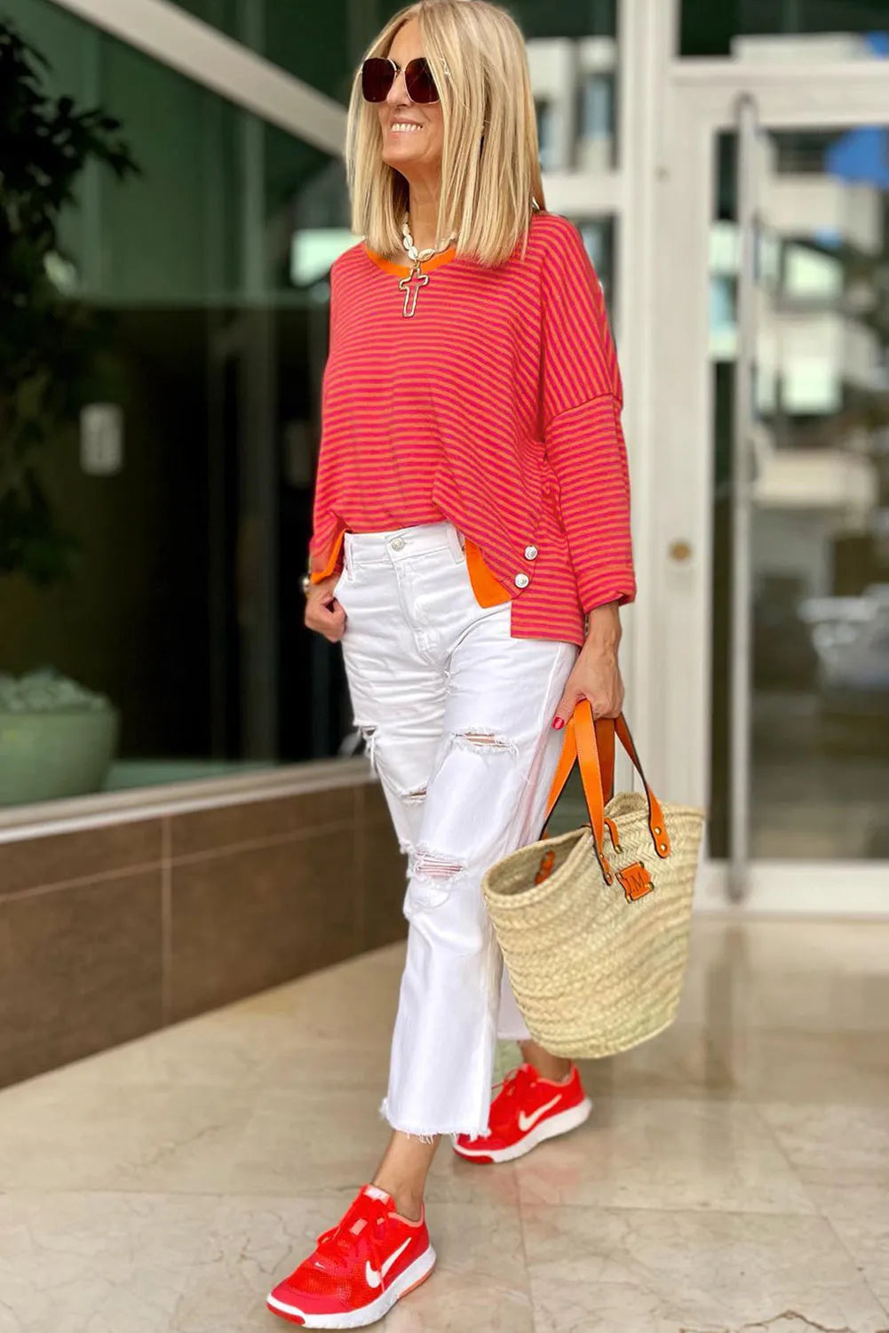 Tomato Red Two Tone Striped Side Buttons Drop Shoulder Top - Chic Meadow Boutique 