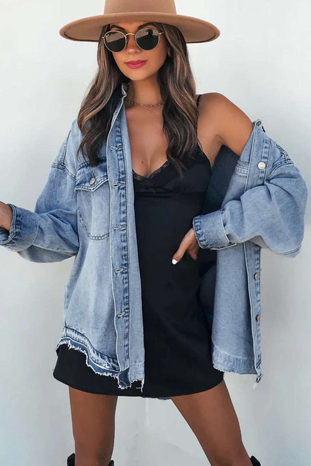 Sky Blue Flap Pocket Buttoned Oversized Denim Jacket - Chic Meadow Boutique 