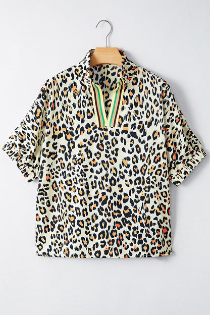 Khaki Leopard Color Block Contrast Striped V Neck Half Sleeve Loose Fit Blouse