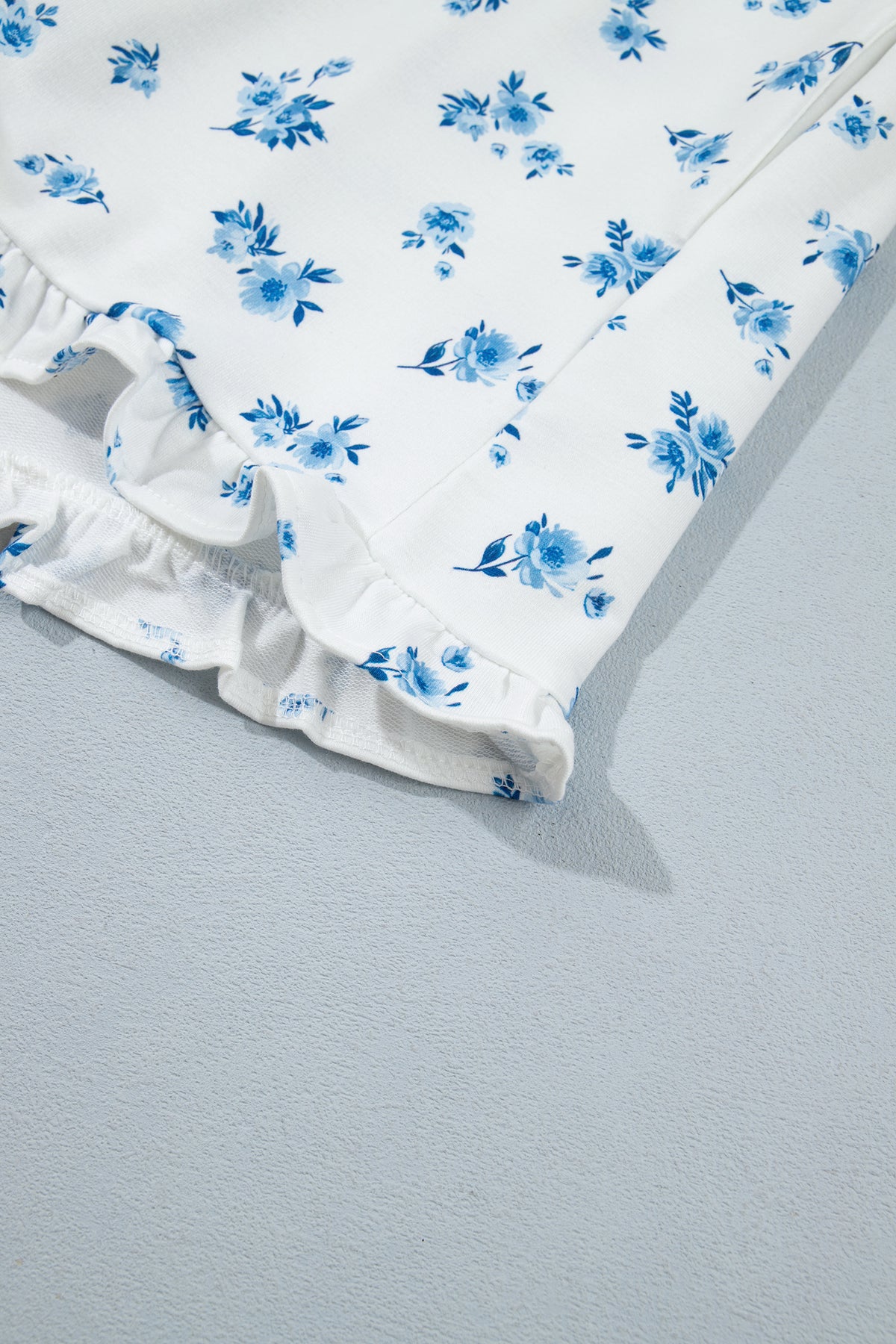 Sky Blue Floral Print Long Sleeve Top Elastic Waist Ruffle Hem Shorts 2pcs Set