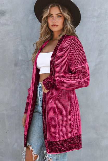 Rose Plaid Knitted Long Open Front Cardigan - Chic Meadow Boutique 