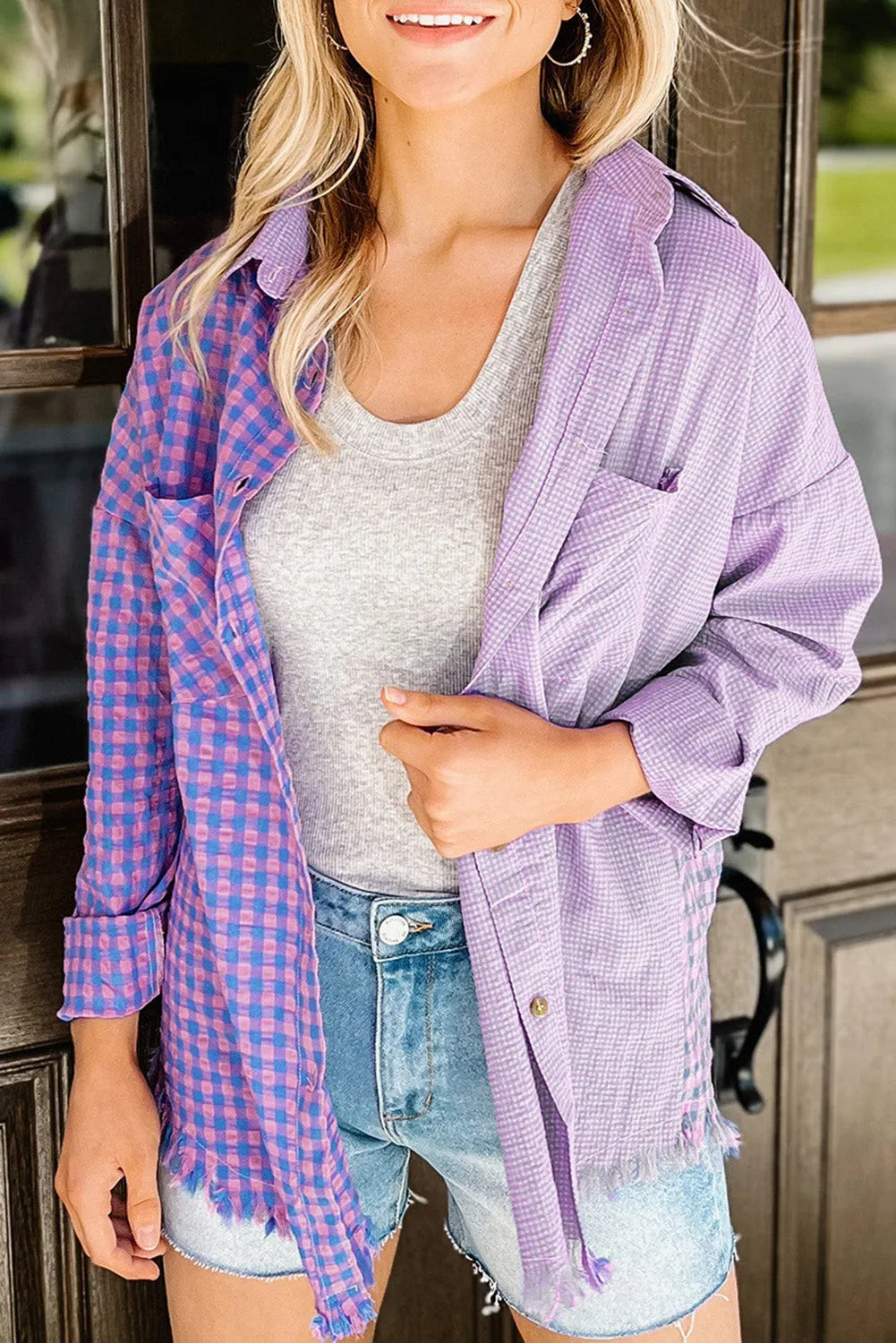 Purple Mixed Plaid Button Down Long Sleeve Chest Pocket Shirt - Chic Meadow Boutique 