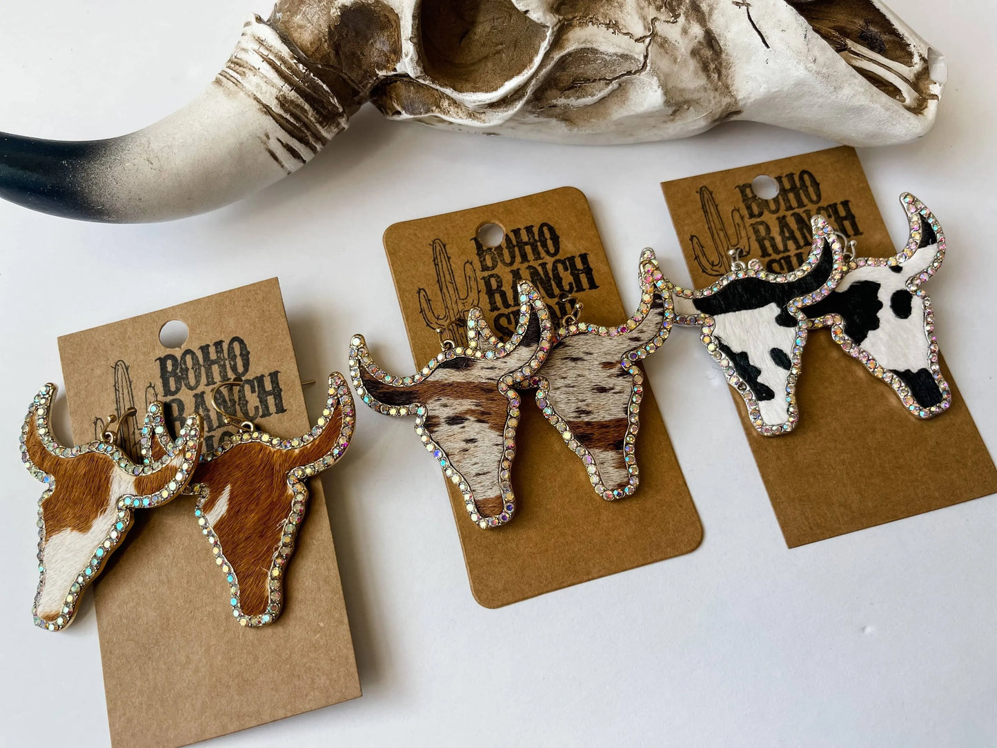 Western Cowhide Bling Steer Longhorn Earrings - Chic Meadow Boutique 