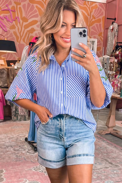Sky Blue Stripe Lily Floral Embroidered Puff Sleeve Button Down Shirt