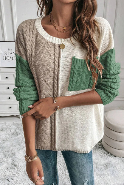 Vineyard Green Colorblock Patched Pocket Drop Shoulder Sweater - Chic Meadow Boutique 