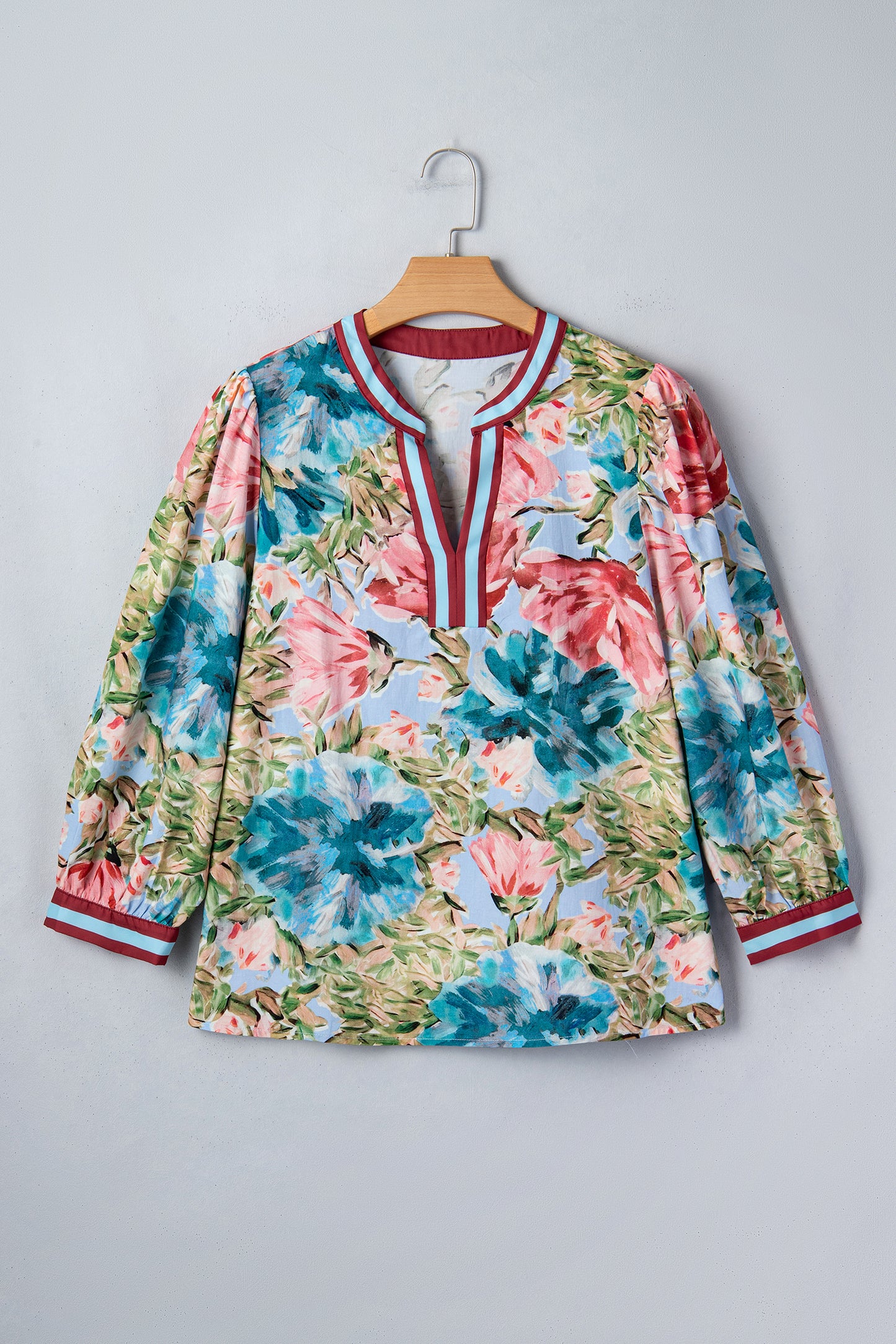 Sky Blue Contrast Trim V Neck Cuffed Bracelet Sleeve Floral Blouse