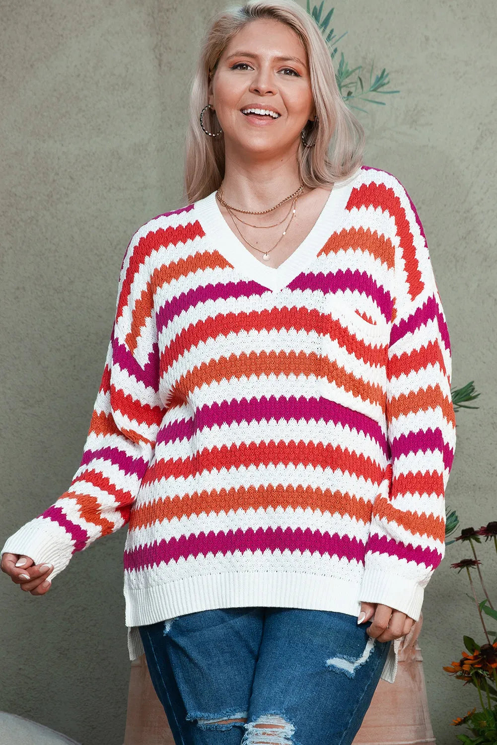 Pink Stripe V Neck Drop Shoulder Plus Size Sweater - Chic Meadow Boutique 