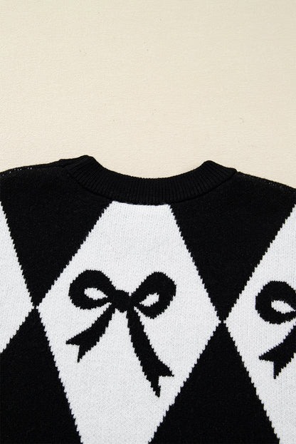 Black Bow Print 2-tone Rhombus Knit Loose Sweater