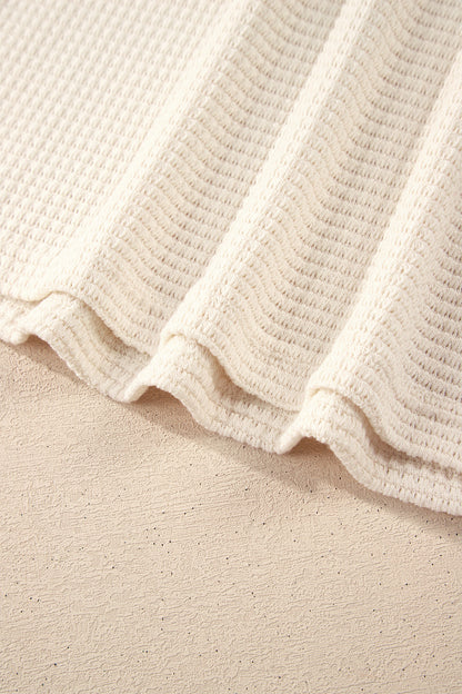 White Waffle Contrast Half Buttoned Hooded Pullover Top