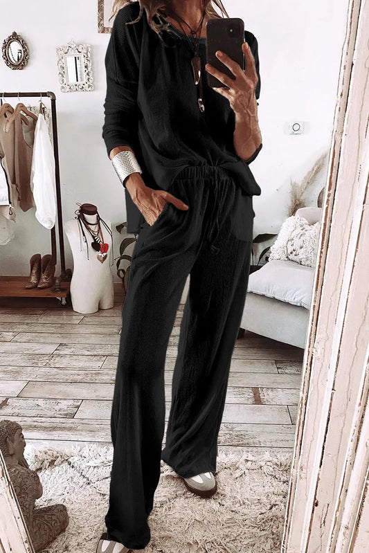 Black Textured Long Sleeve T Shirt and Pants Lounge Set - Chic Meadow Boutique 