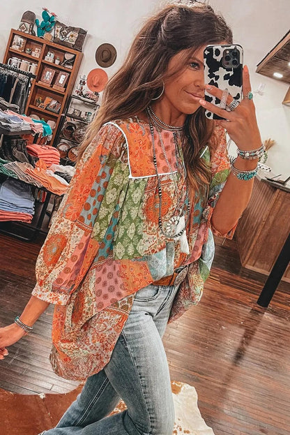 Dresses/Mini Dresses Orange Boho Paisley Mixed Print 3/4 Sleeve Chiffon Loose Dress