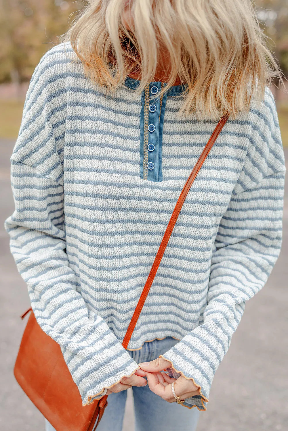 Sky Blue Stripe Textured Frilly Trim Buttons Henley Long Sleeve Top - Chic Meadow Boutique 